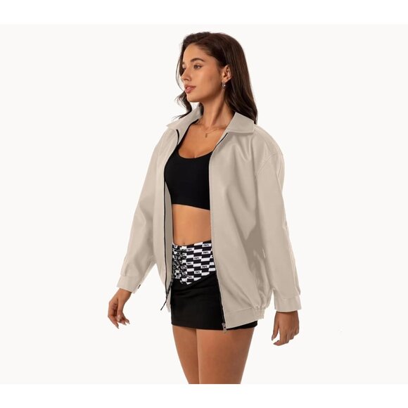 Women's Beige Oversized Faux Leather Fashion Zip Up Motorcycle Loose Fit Jacket - Picture 3 of 7
